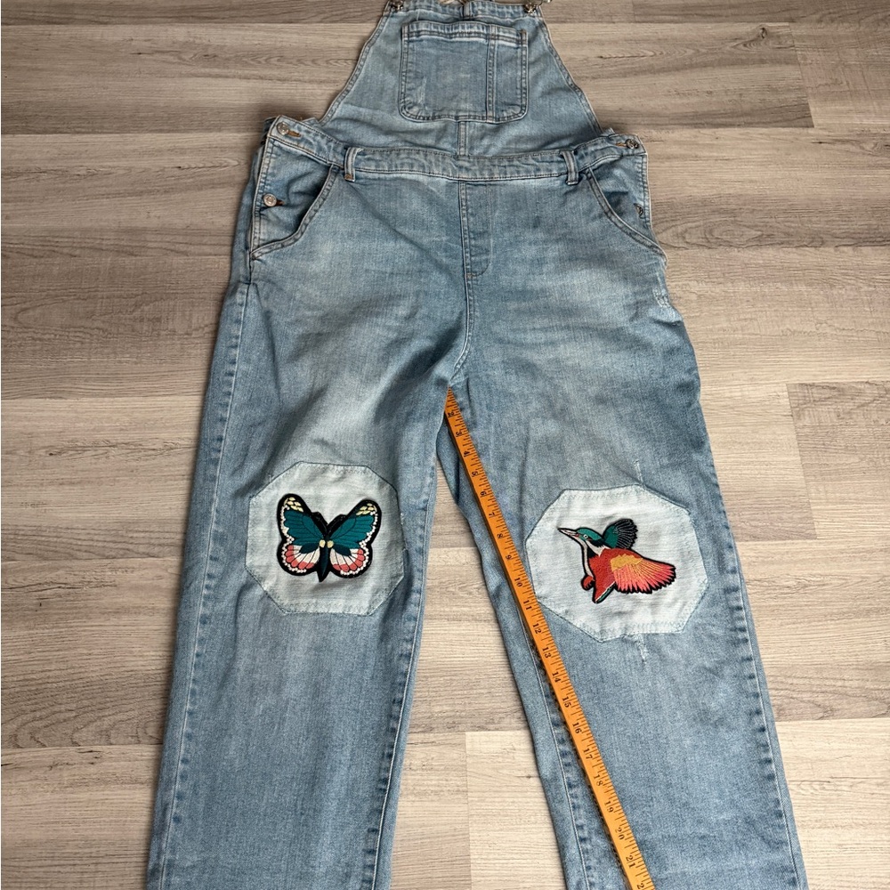 Wild Fable Denim Bib Overalls XL with butterfly and bird knee patches